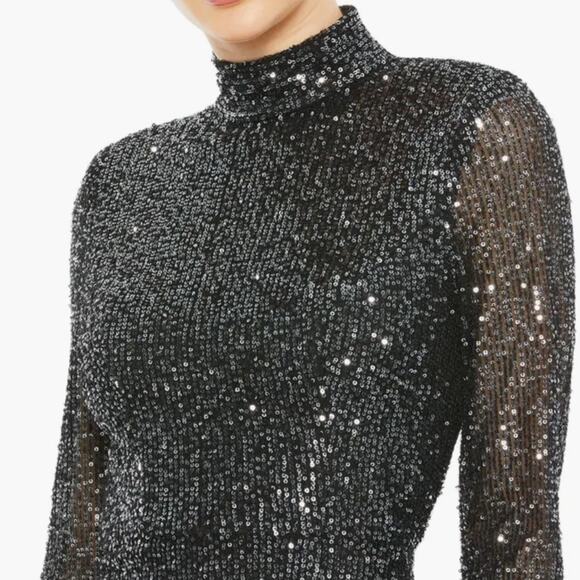 NWT Leena Mac Duggal Metallic Sequin High Neck Long Sleeve Gown. Graphite - Picture 2 of 11